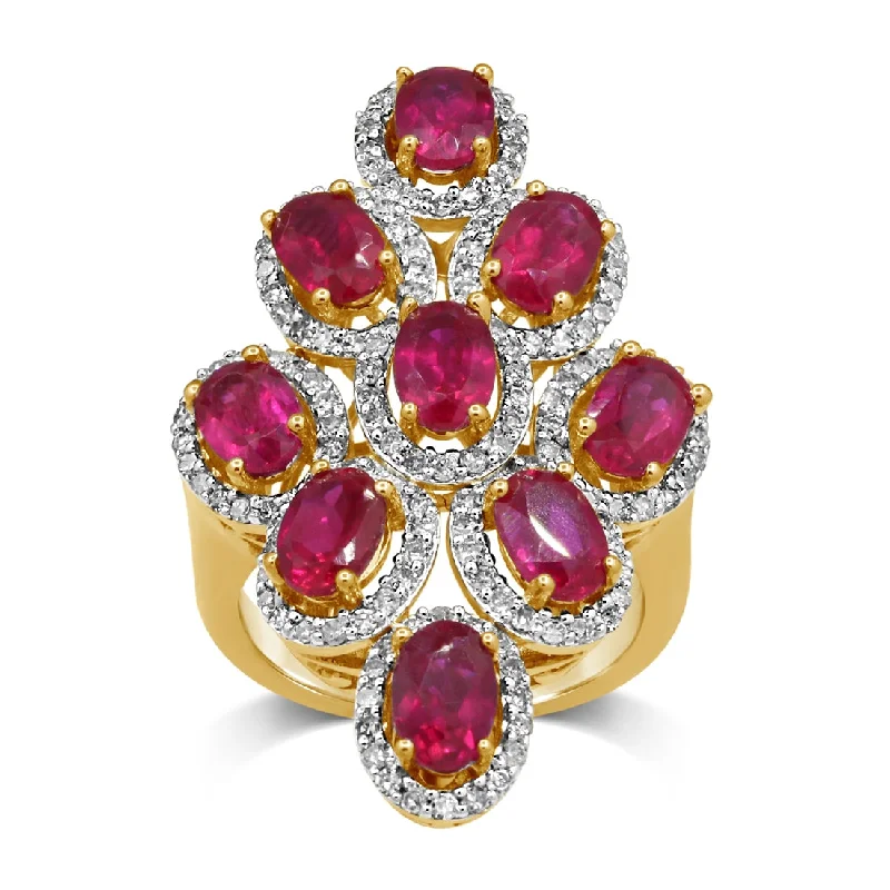 9ct Yellow Gold Created Ruby & 0.85ct Diamond Multi Oval Ring