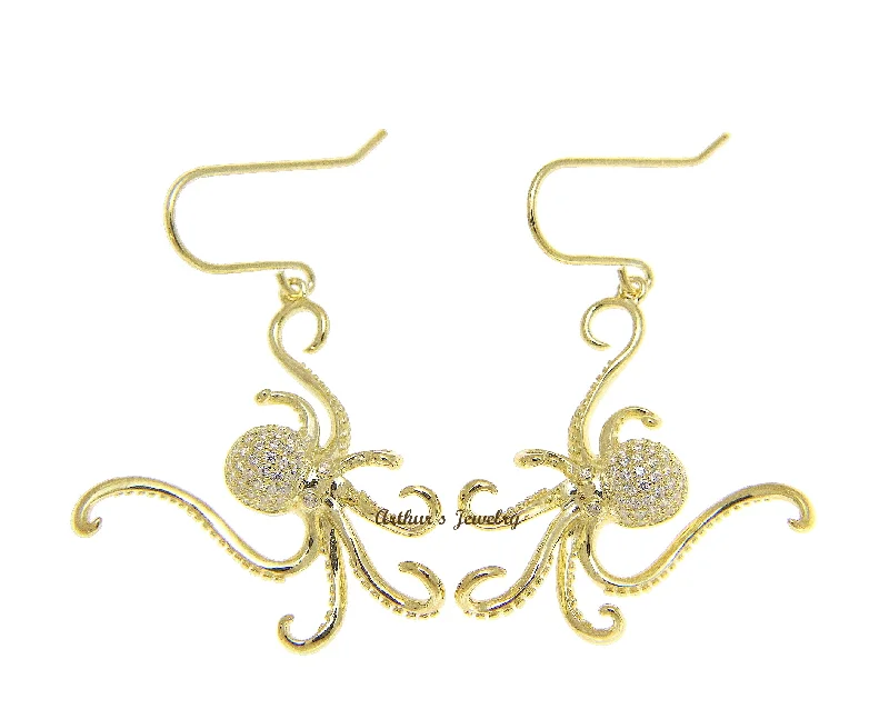 YELLOW GOLD PLATED 925 STERLING SILVER HAWAIIAN OCTOPUS HOOK EARRINGS BLING CZ