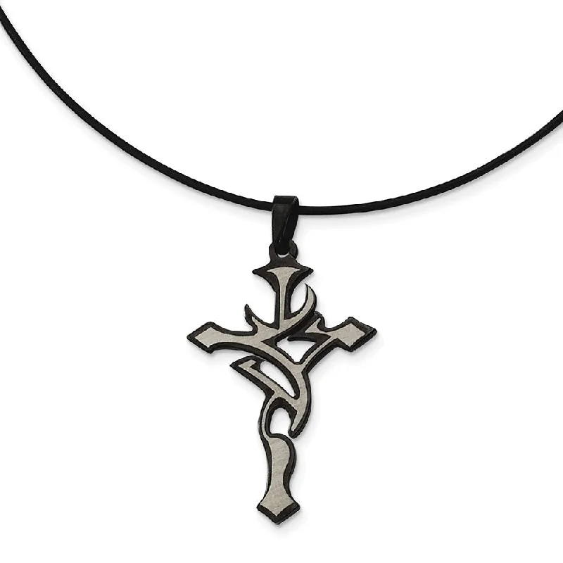 Stainless Steel, Black and Grey Accent Cross Necklace