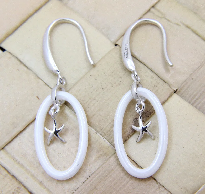 925 Silver Rhodium Hawaiian Starfish Sea Star White Ceramic Oval Hook Earrings