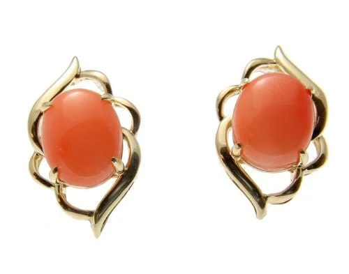 GENUINE NATURAL OVAL CABOCHON PINK CORAL STUD POST EARRINGS 14K YELLOW GOLD