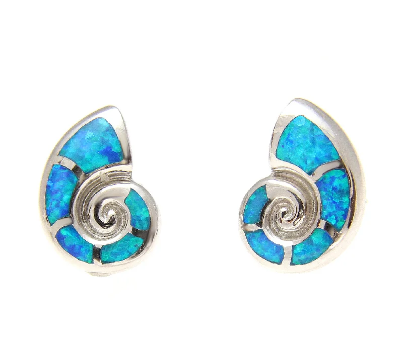 925 Sterling Silver Rhodium Hawaiian Nautilus Shell Blue Opal Post Stud Earrings