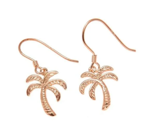 ROSE GOLD ON SILVER 925 HAWAIIAN PALM TREE WIRE HOOK EARRINGS