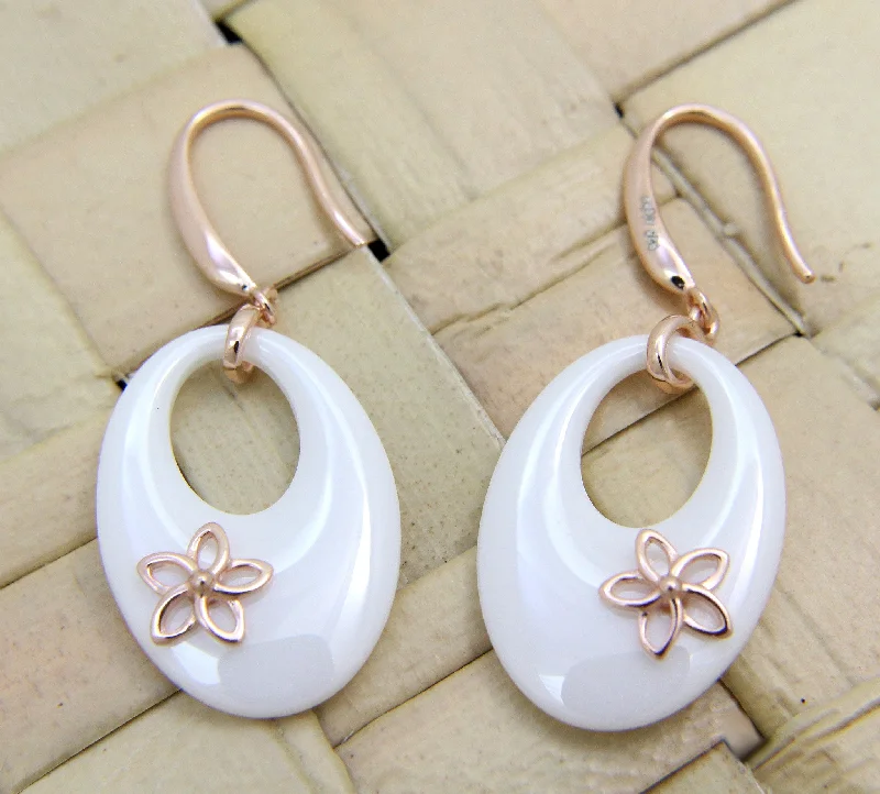 925 Silver Pink Gold Hawaiian Plumeria Flower White Ceramic Oval Hook Earrings