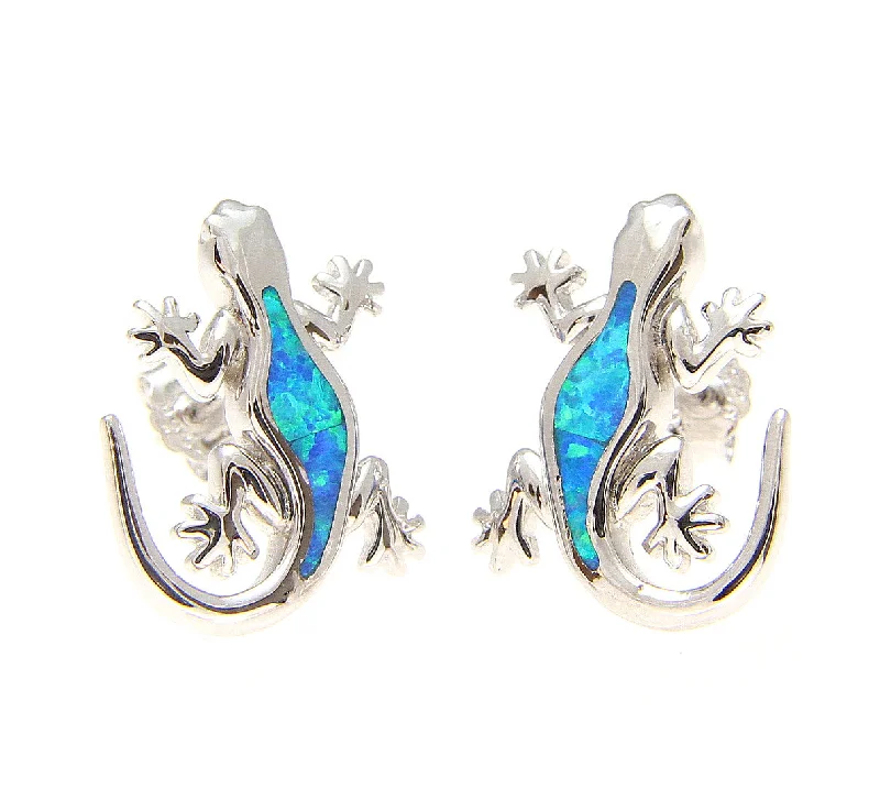 925 Sterling Silver Rhodium Hawaiian Gecko Lizard Blue Opal Post Stud Earrings