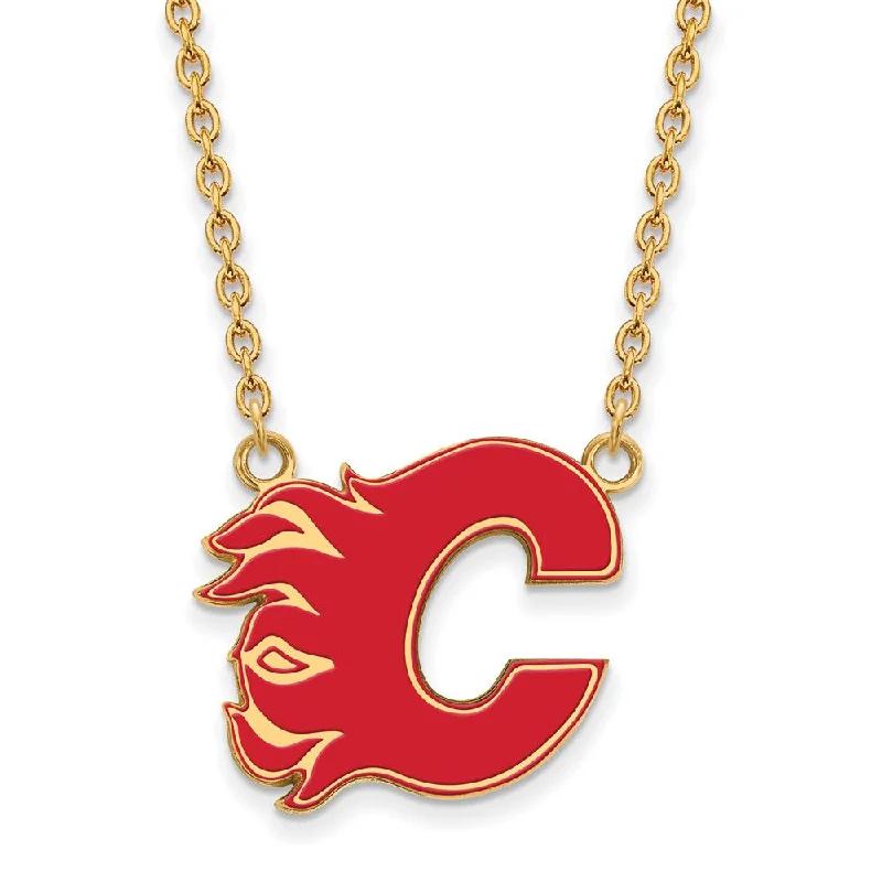 SS 14k Yellow Gold Plated NHL CaLGary Flames LG Enamel Necklace, 18 In