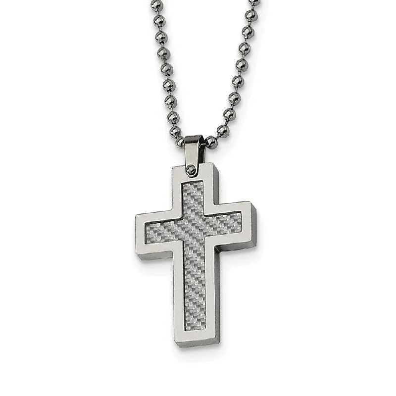 Stainless Steel and Grey Carbon Fiber Cross Necklace