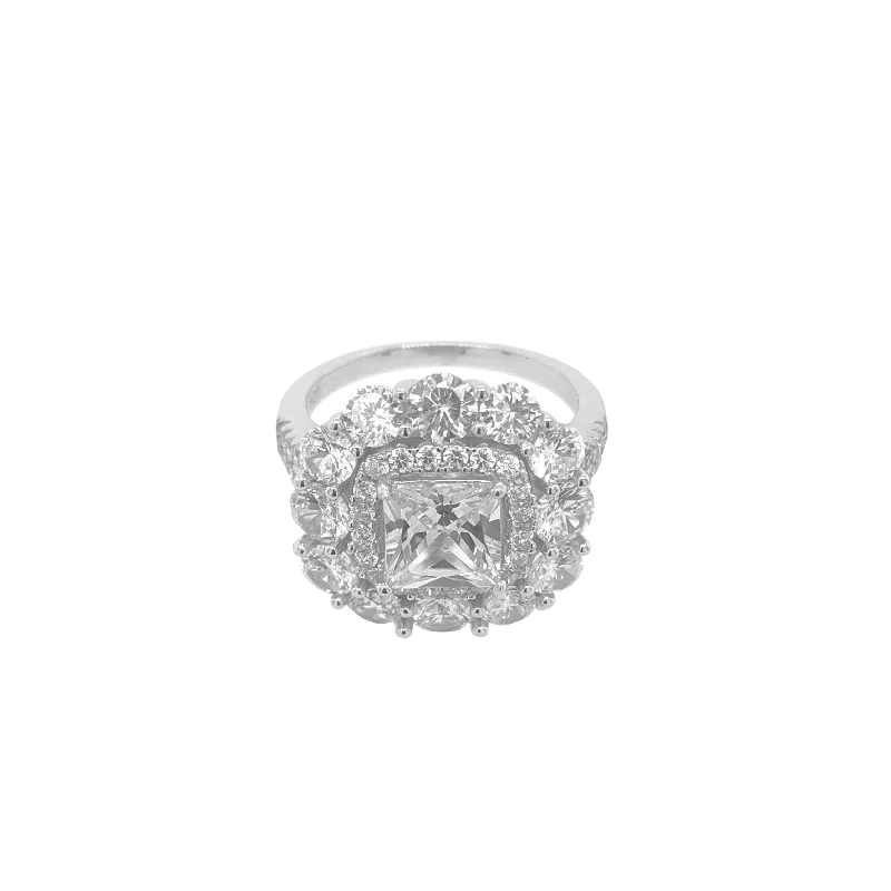 Sterling Silver Cubic Zirconia Princess Cut Halo Ring