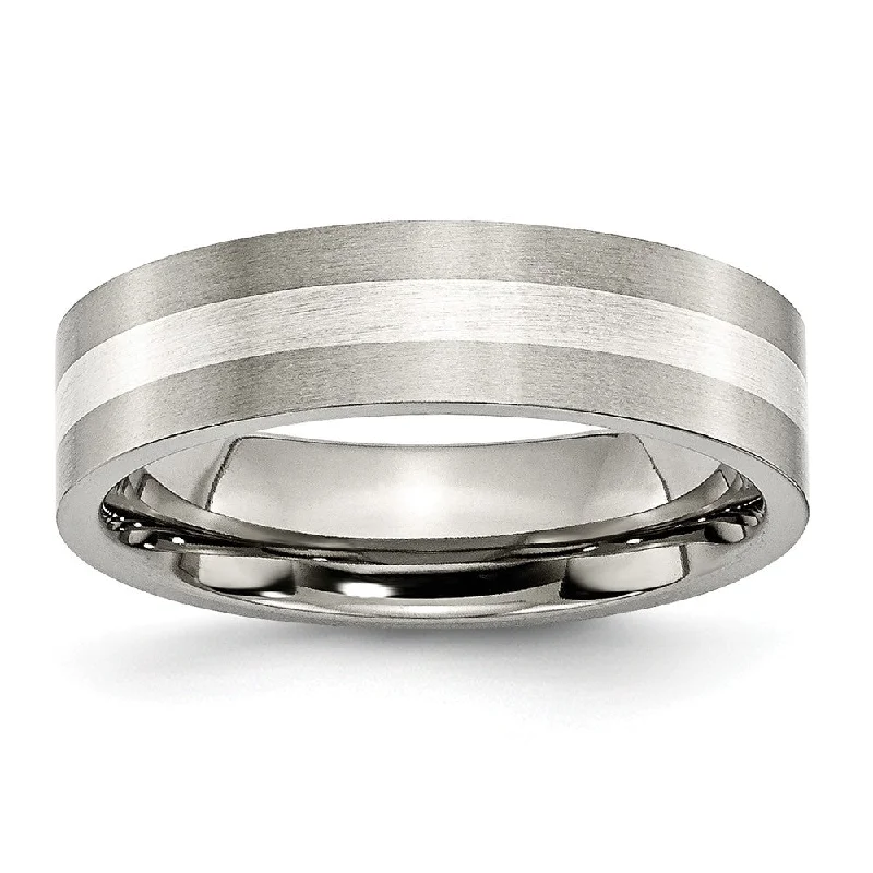 Titanium & Sterling Silver Inlay, 6mm Satin Flat Comfort Fit Band