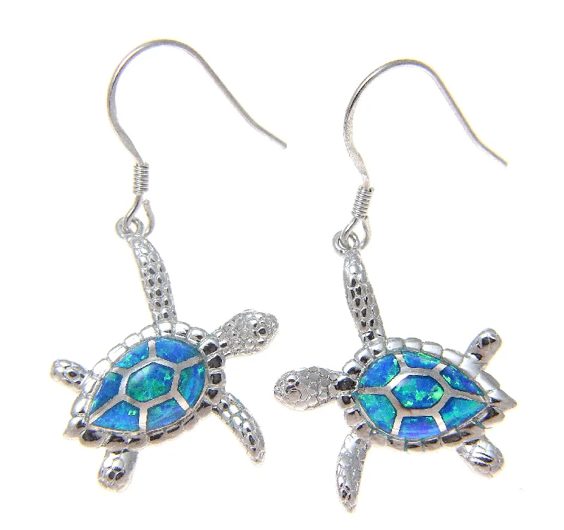 925 Sterling Silver Rhodium Hawaiian Honu Sea Turtle Opal Hook Wire Earrings