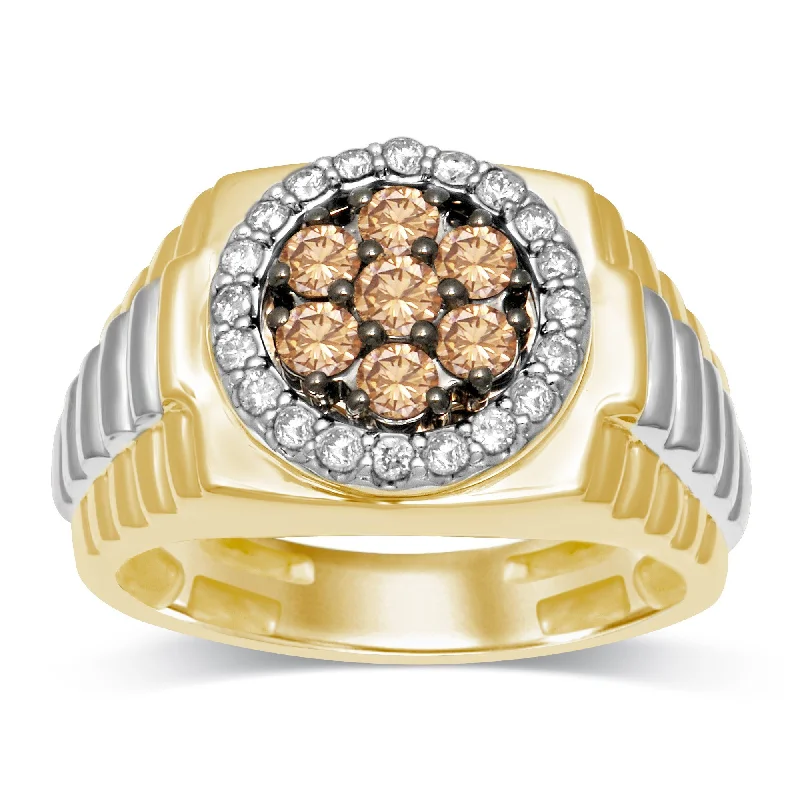 Cognac Flower Mens Ring with 0.95ct of Diamonds in 10ct Yellow Gold