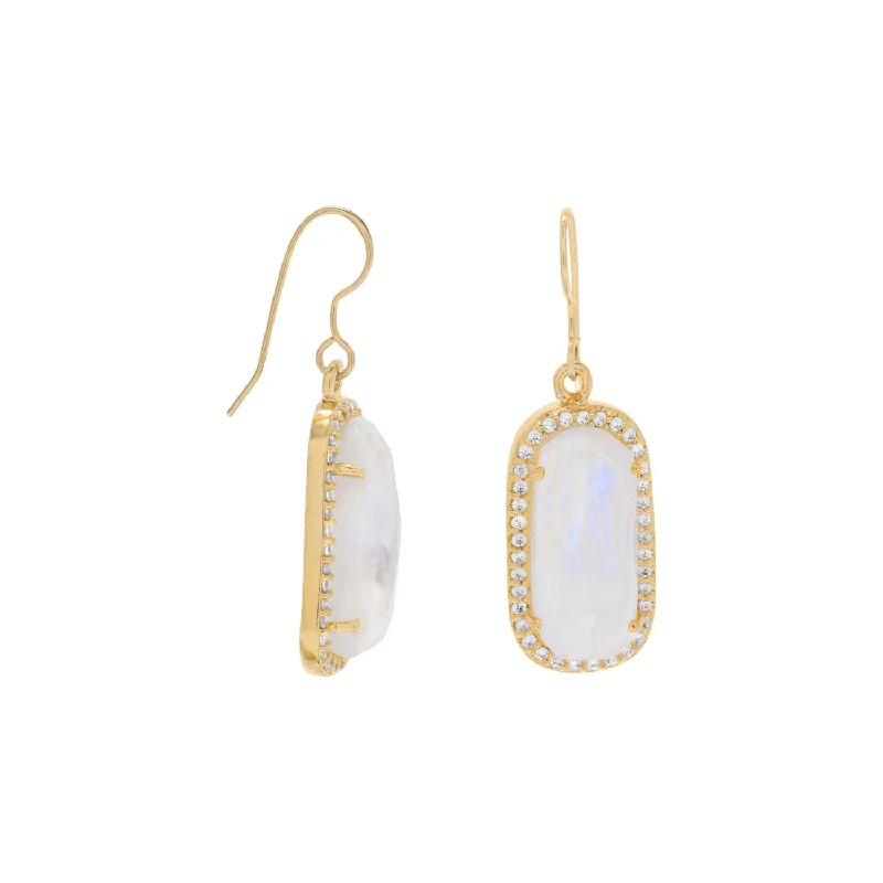 14 Karat Gold Plated Rainbow Moonstone with CZ Edge Earrings