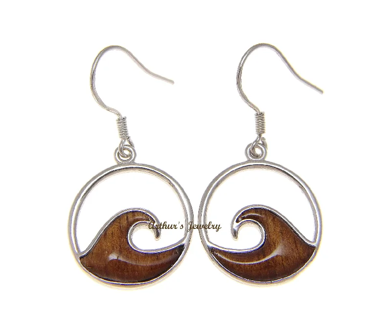 925 Sterling Silver Hawaiian Koa Wood 17.5mm Ocean Wave Hook Dangle Earrings