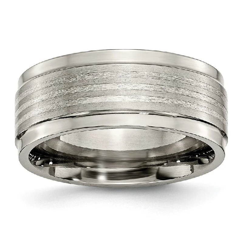 9mm Ridged Edge Striped Band in Titanium and Sterling Silver