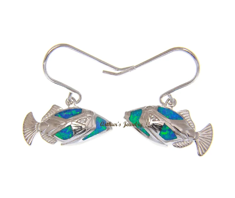 INLAY OPAL HAWAIIAN HUMUHUMUNUKUNUKUAPUA FISH HOOK EARRINGS 925 STERLING SILVER