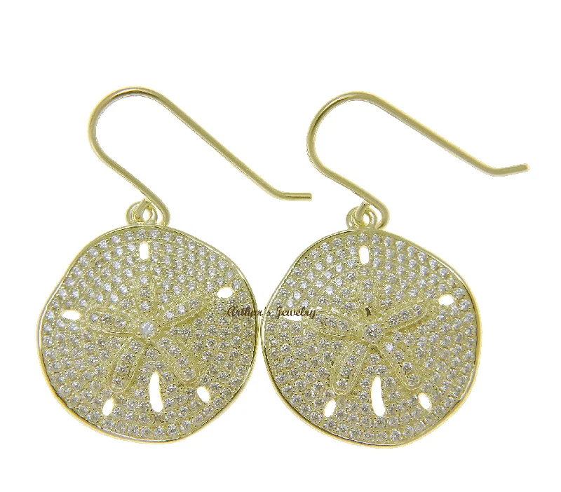 YELLOW GOLD PLATED 925 SILVER HAWAIIAN SAND DOLLAR HOOK EARRINGS CZ 21.50MM