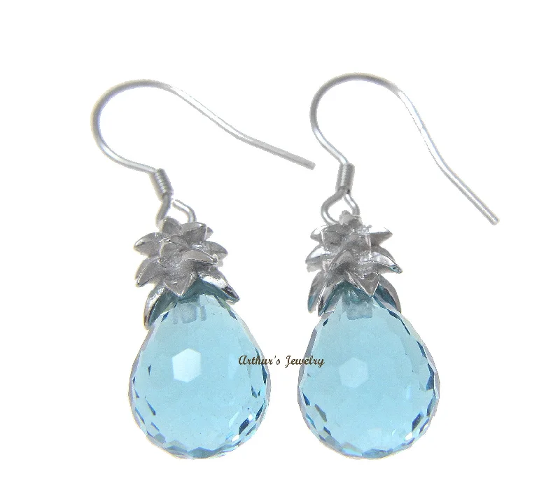 FACETED BLUE CRYSTAL HAWAIIAN PINEAPPLE HOOK EARRINGS 925 STERLING SILVER 10MM