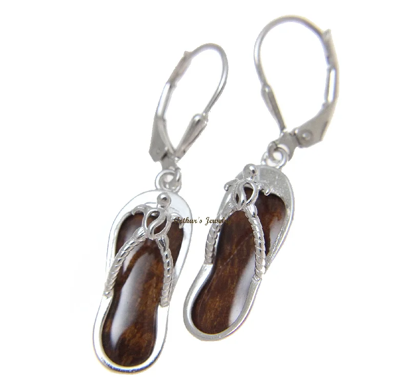 GENUINE HAWAIIAN KOA WOOD SLIPPER HONU TURTLE LEVERBACK EARRINGS 925 STERLING SILVER