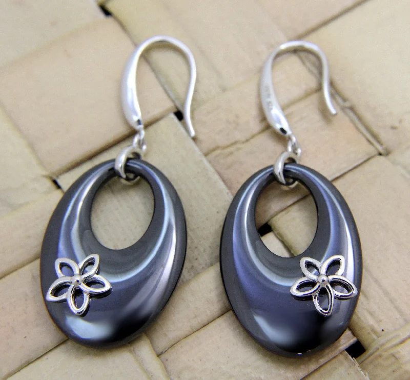 925 Silver Rhodium Hawaiian Plumeria Flower Black Ceramic Oval Hook Earrings