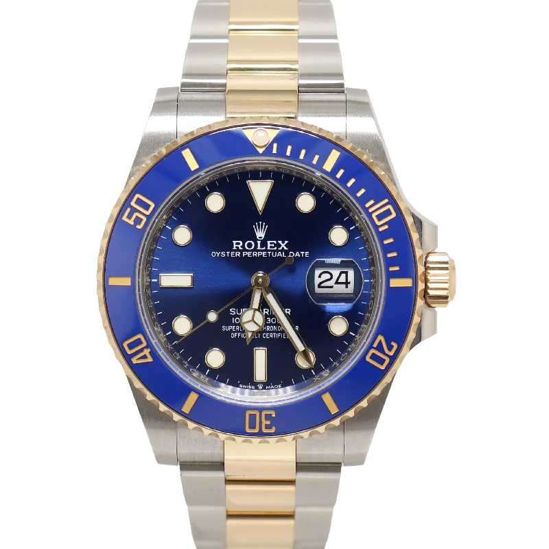 Rolex Mens Submariner Date 18K Yellow Gold & Steel 41mm Blue Dot Dial Watch Reference #: 126613LB