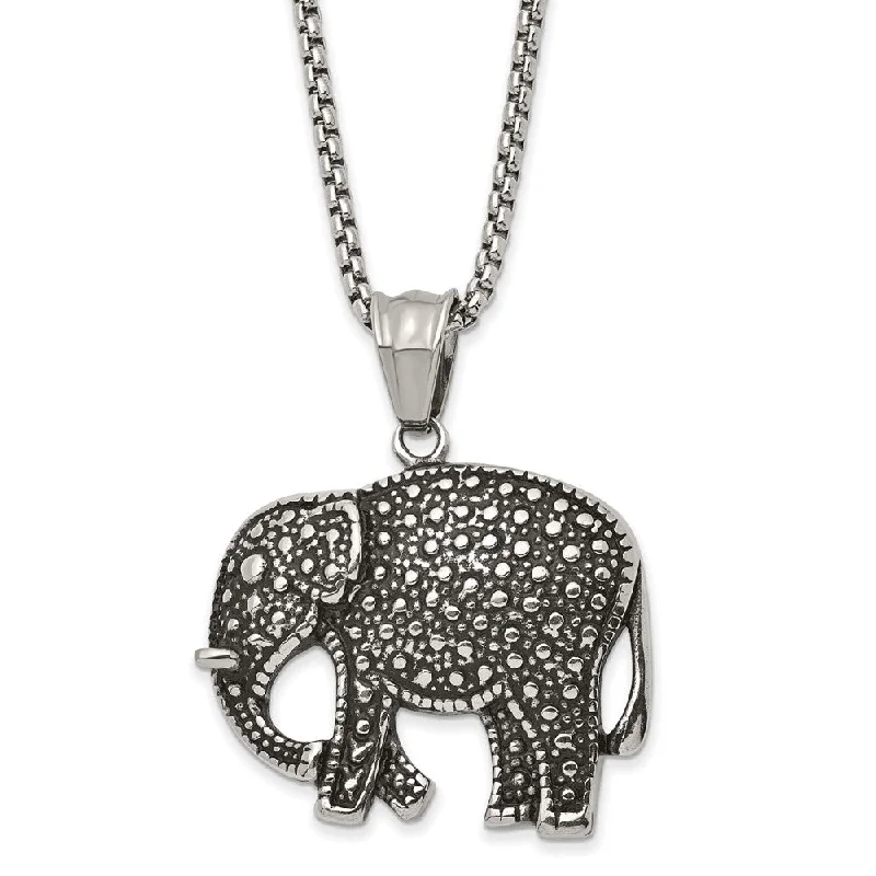 Stainless Steel Antiqued Textured Elephant Necklace, 24 Inch