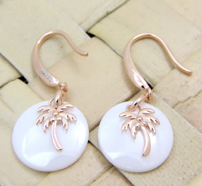 925 Silver Pink Rose Gold Hawaiian Palm Tree White Ceramic Circle Hook Earrings