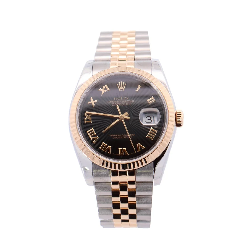 Rolex Datejust Two Tone Yellow Gold & Steel 36mm Black Roman Fluted Dial Watch Reference #: 116233