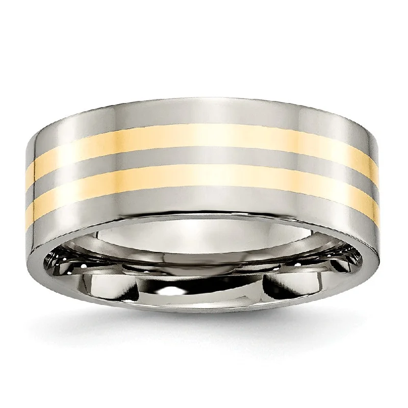 Titanium and 14K Gold Double Striped, 8mm Flat Unisex Comfort Fit Band