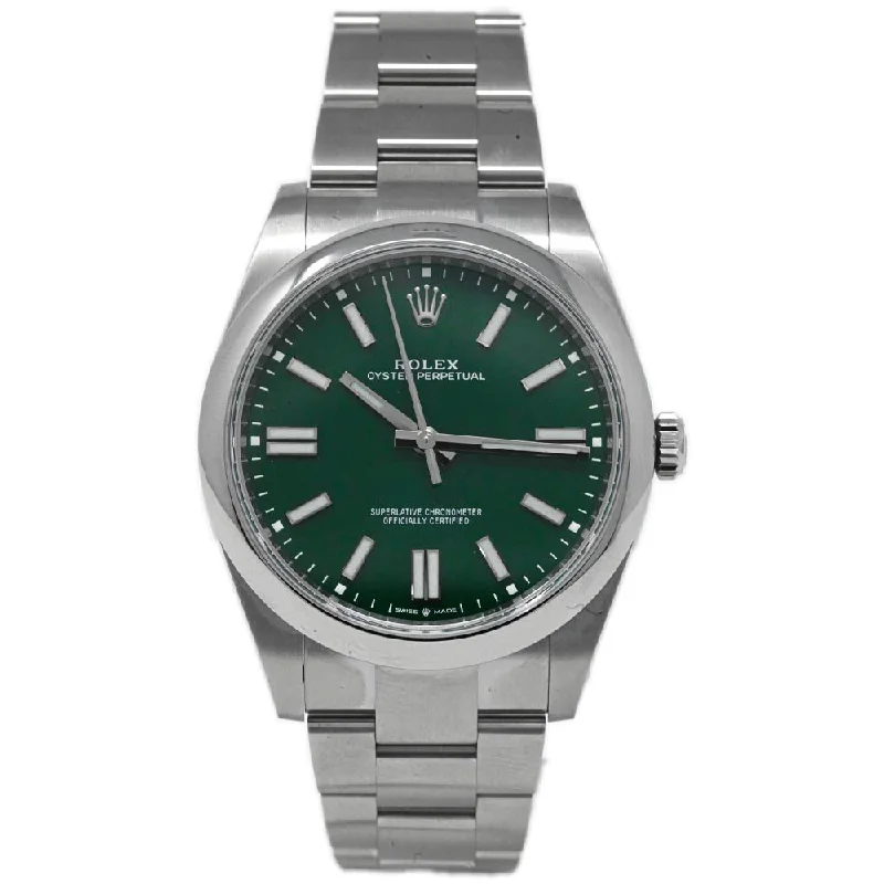 Rolex Men's Oyster Perpetual Stainless Steel 41mm Forrest Green Stick Dial Watch Reference #: 124300