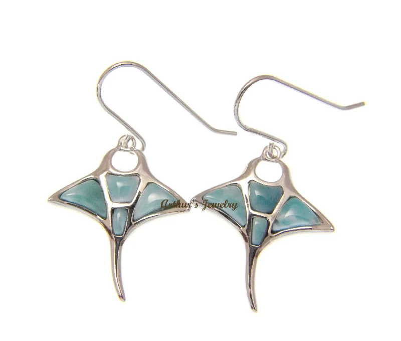 925 SOLID STERLING SILVER HEAVY GENUINE NATURAL LARIMAR HAWAIIAN MANTA RAY HOOK EARRINGS