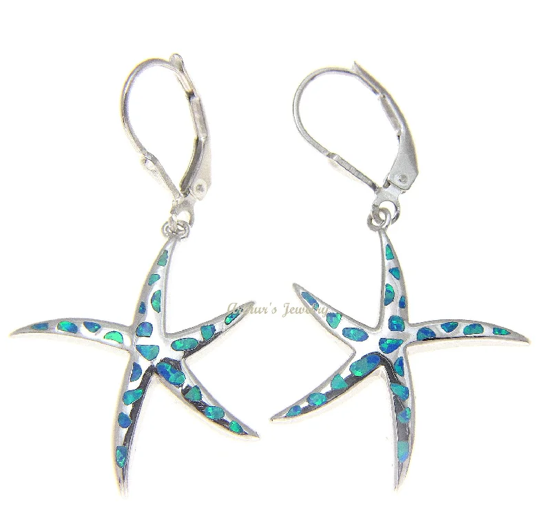 925 Silver Rhodium Hawaiian Starfish Sea Star Blue Opal Leverback Earrings