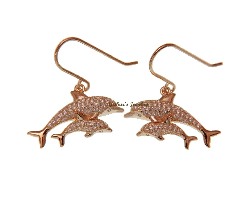 PINK ROSE GOLD PLATED SILVER 925 CZ HAWAIIAN DOLPHIN MOTHER BABY HOOK EARRINGS