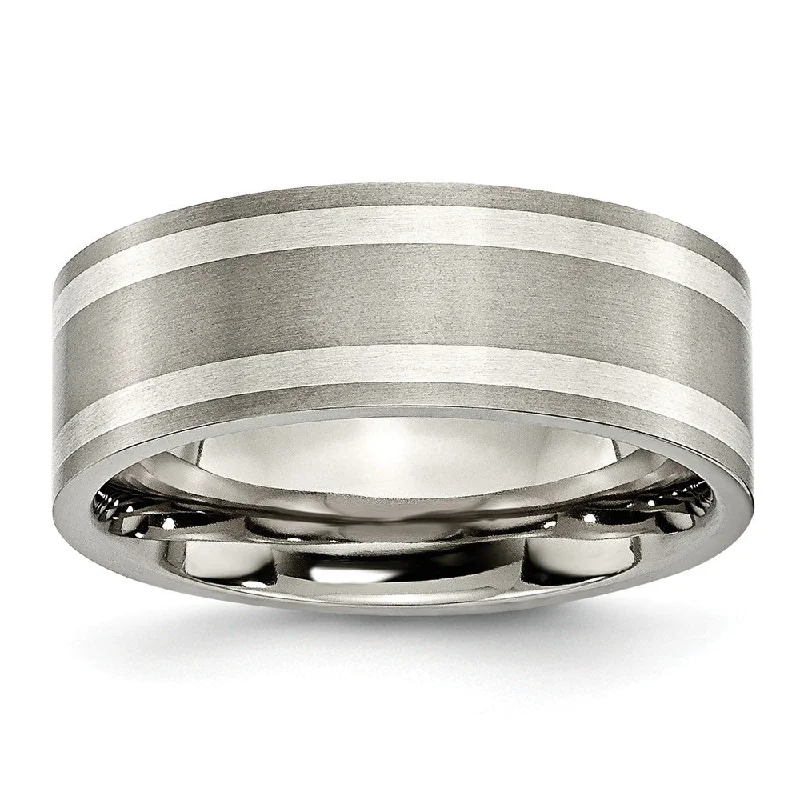 Titanium and Sterling Silver Inlay, 8mm Flat Unisex Comfort Fit Band