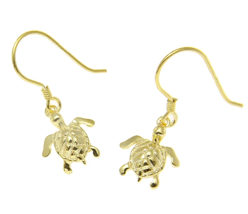 YELLOW GOLD ON SILVER 925 HAWAIIAN SEA TURTLE WIRE HOOK EARRINGS