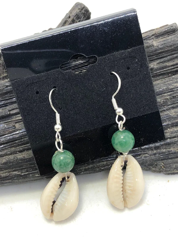 Gemstone and Cowrie Shell Sterling Silver Hook Earrings