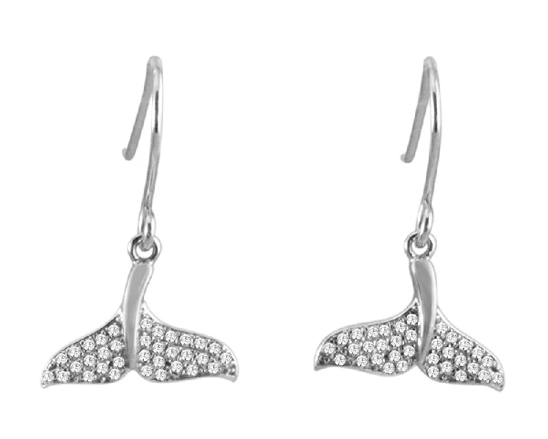 RHODIUM PLATED 925 STERLING SILVER HAWAIIAN WHALE TAIL CZ HOOK EARRINGS