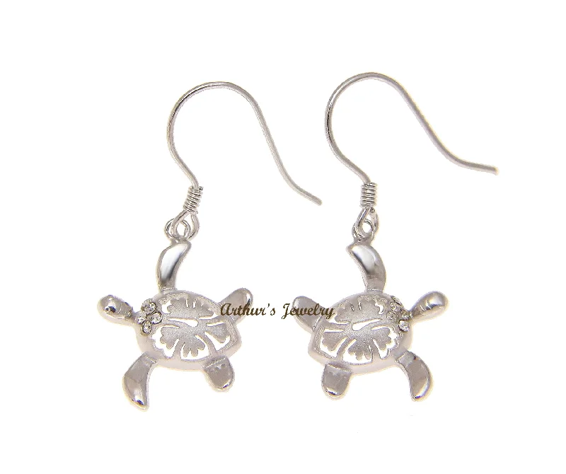 STERLING SILVER 925 HAWAIIAN HONU TURTLE HIBISCUS WIRE HOOK EARRINGS CZ 13.70MM