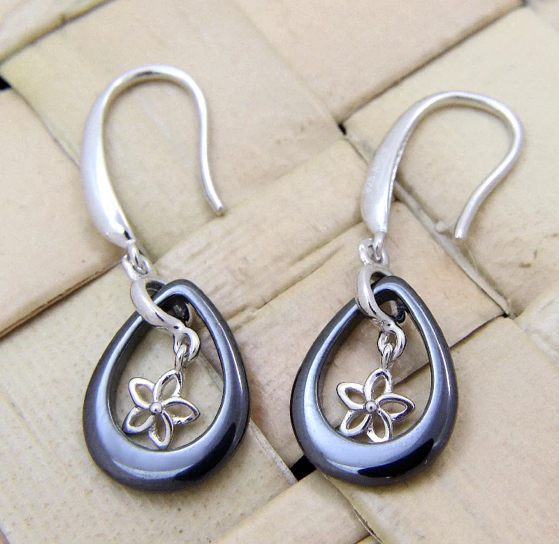 925 Silver Rhodium Hawaiian Plumeria Flower Black Ceramic Tear Drop Earrings