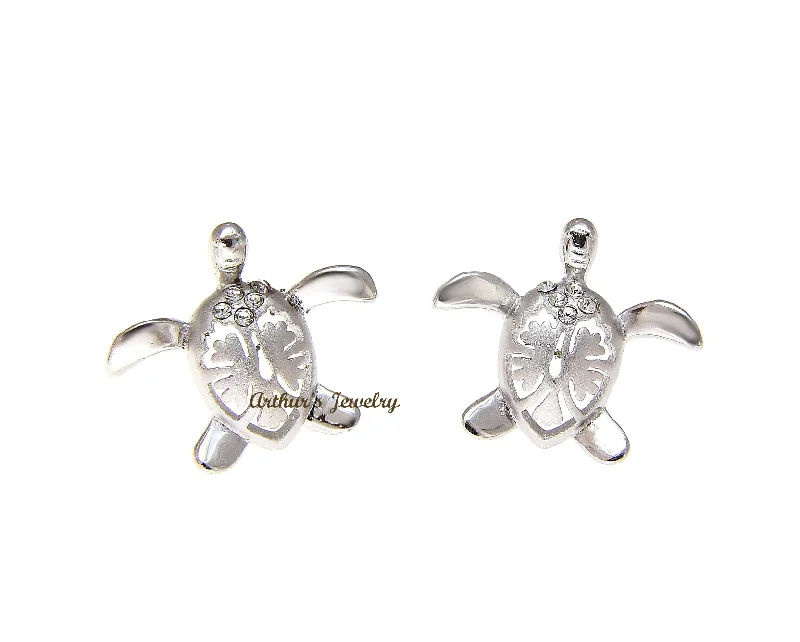 STERLING SILVER 925 HAWAIIAN HONU TURTLE HIBISCUS STUD POST EARRINGS CZ 15.40MM