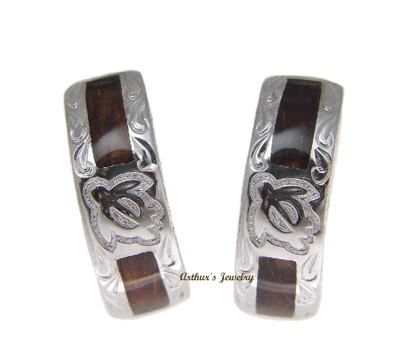 SILVER 925 GENUINE HAWAIIAN KOA WOOD HONU TURTLE SCROLL HOOP EARRINGS RHODIUM