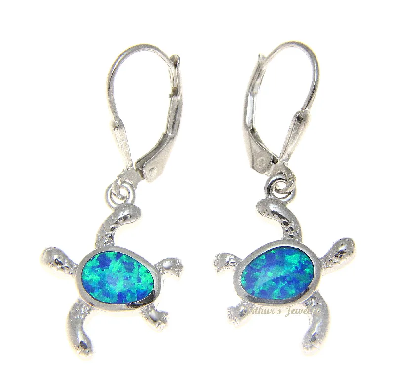 925 Sterling Silver Rhodium Hawaiian Honu Turtle Blue Opal Leverback Earrings