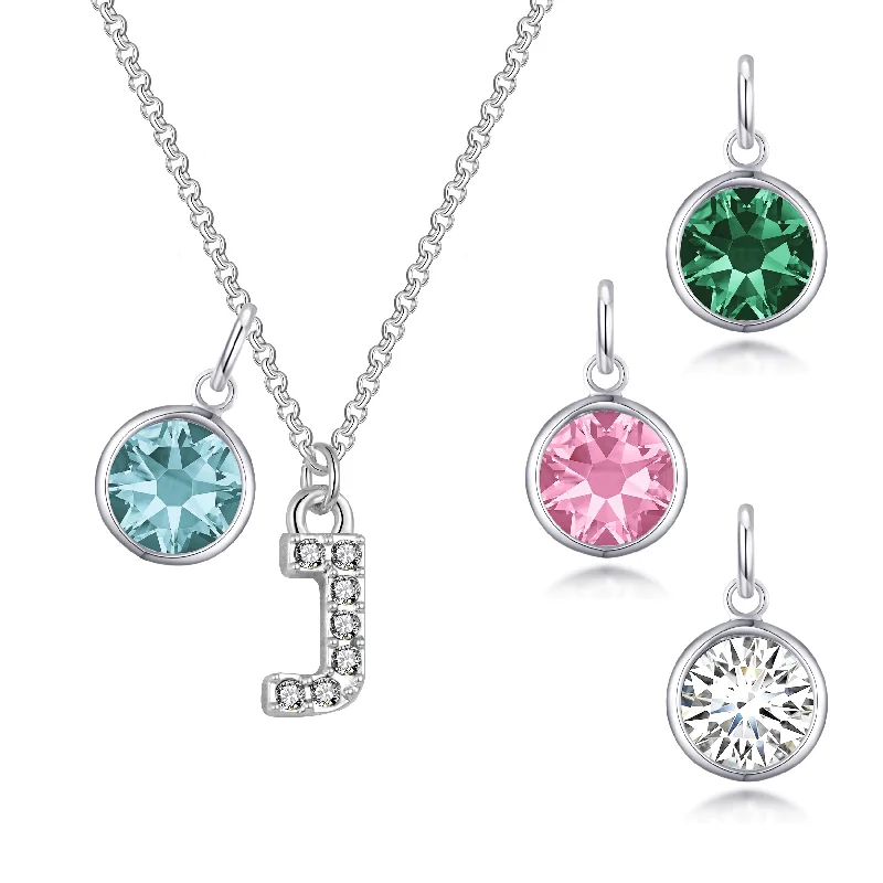 Pave Initial J Necklace with Birthstone Charm Created with Zircondia® Crystals