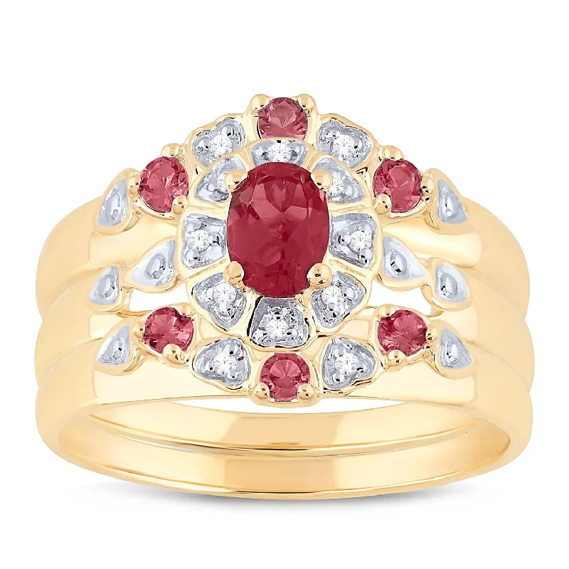 9ct Yellow Gold Created Ruby & Diamond 3 Ring Set