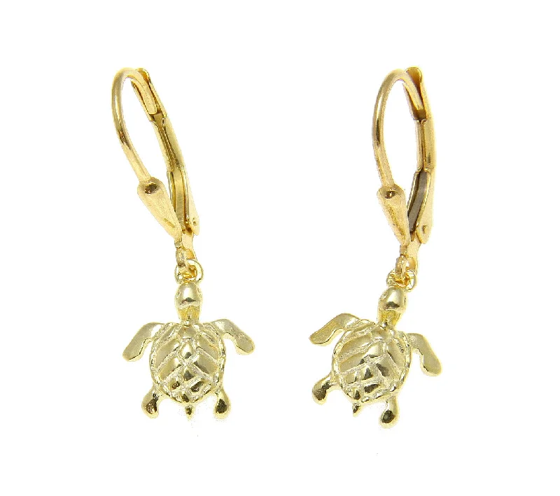 YELLOW GOLD ON SILVER 925 HAWAIIAN SEA TURTLE LEVERBACK EARRINGS