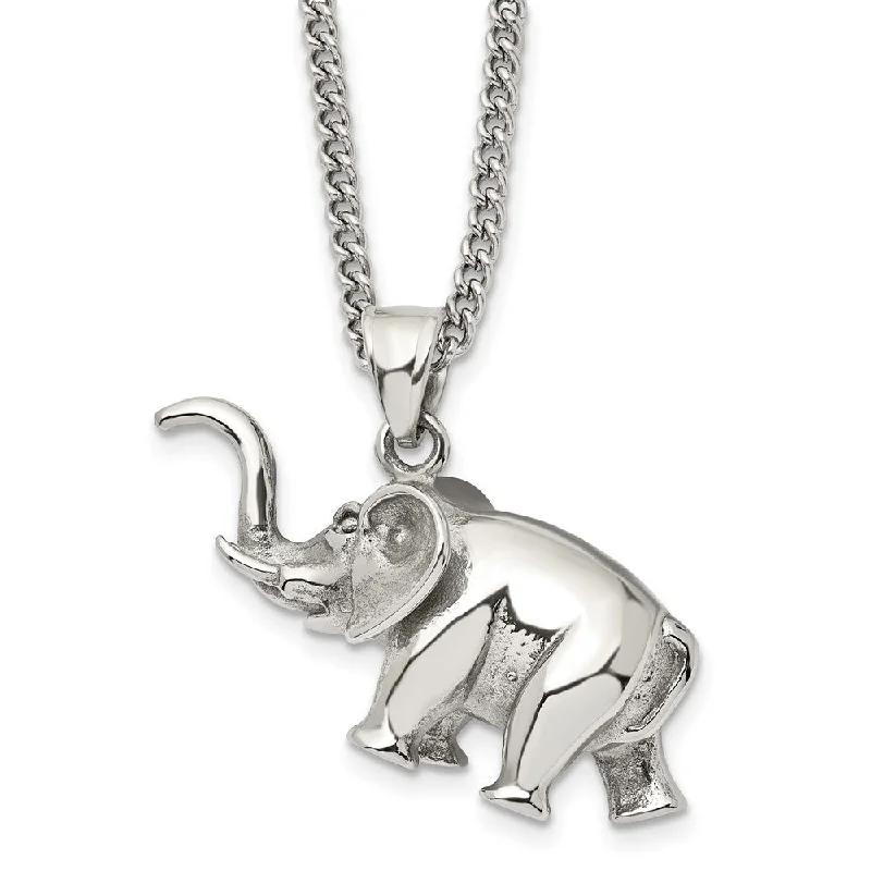 Stainless Steel Polished 3D Elephant Necklace, 24 Inch