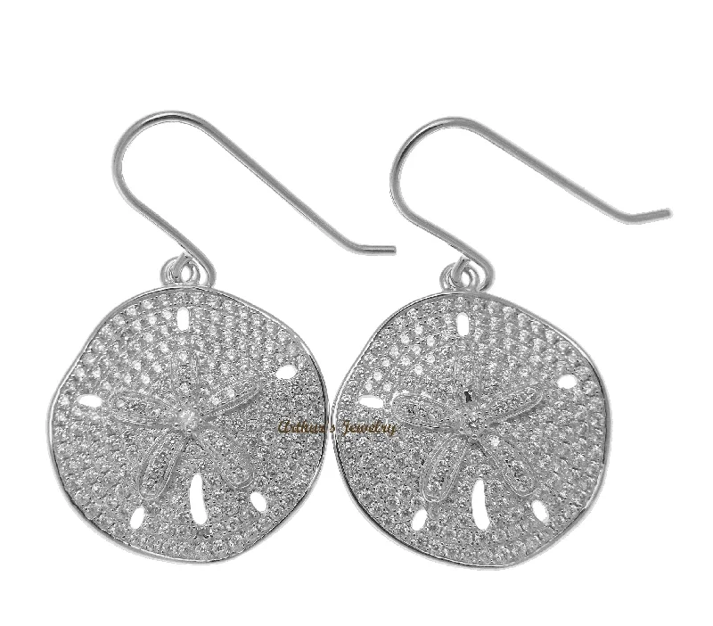 RHODIUM PLATED 925 SILVER HAWAIIAN SAND DOLLAR HOOK EARRINGS CZ 21.50MM