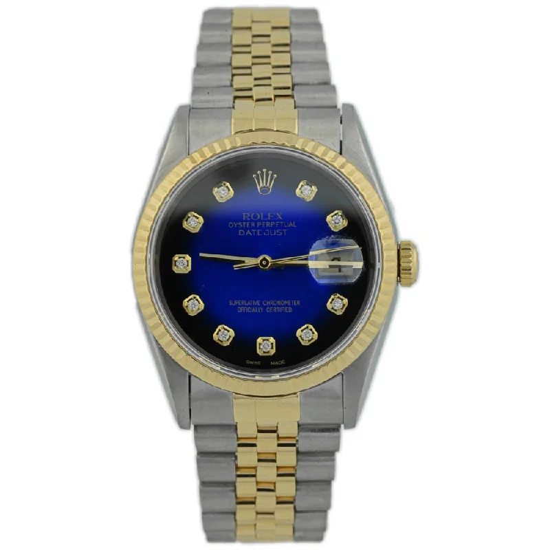 Rolex Datejust Two Tone Yellow Gold & Steel 36mm Blue Diamond Dial Watch Reference #: 16233