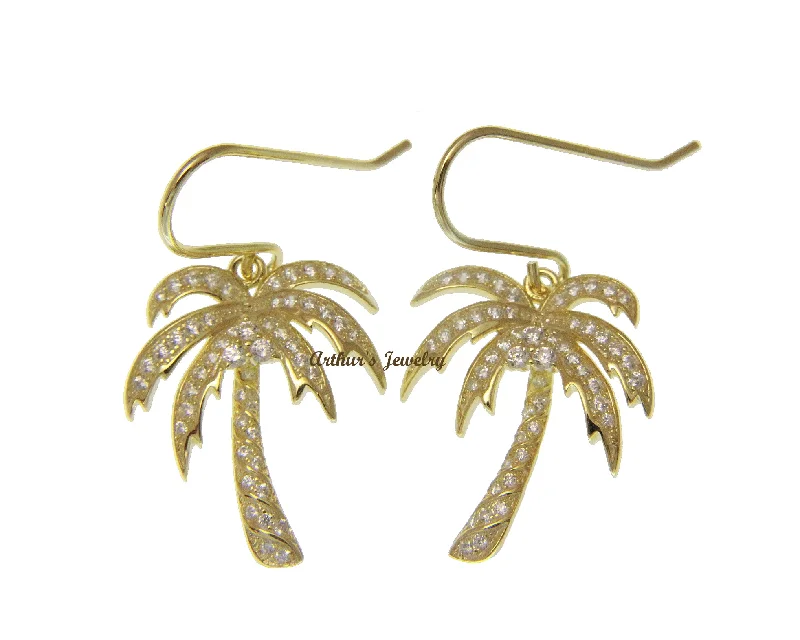 YELLOW GOLD PLATED STERLING SILVER 925 BLING CZ HAWAIIAN PALM TREE HOOK EARRINGS