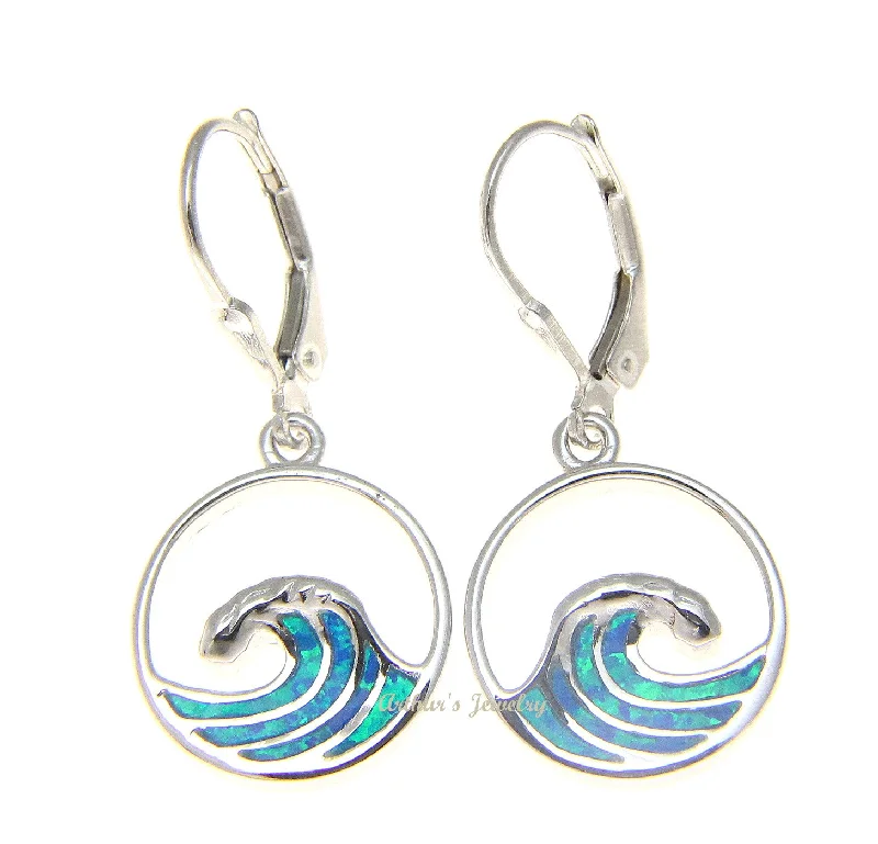 925 Sterling Silver Rhodium Hawaiian Ocean Wave Blue Opal Leverback Earrings