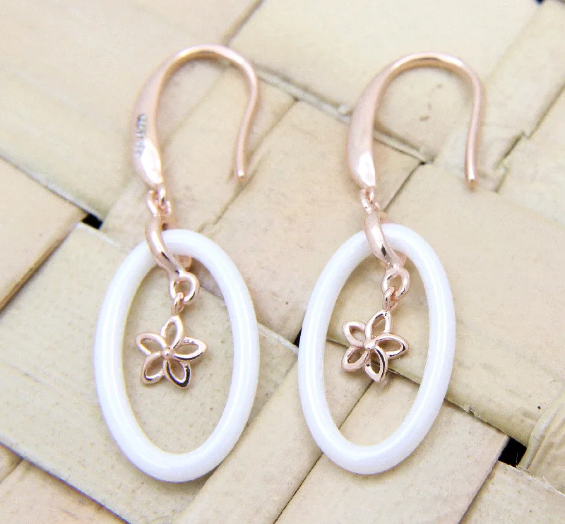 925 Silver Pink Rose Gold Hawaiian Plumeria Flower White Ceramic Oval Earrings